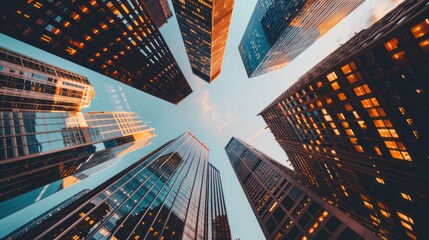 A low-angle view captures the towering buildings in the city. Reflective windows and clear sky
