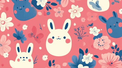 Cute rabbits and flowers pattern