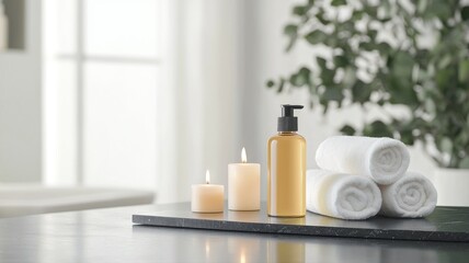 Spa and Wellness Still Life with Towels, Lotion, and Candles on Marble spa wellness candles bathroom