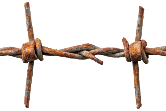 Close up of rusty barbed wire against a black background depicting decay and security for agriculture and construction projects