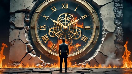 Man Staring Fiery Clock Face Surreal Stone Wall Fantasy - Powered by Adobe