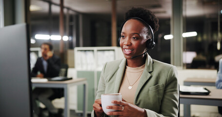 Coffee, woman or computer for customer service help, sales consulting or loan advice in night. Call center, coworking or financial advisor in office with tea beverage for feedback or banking limit