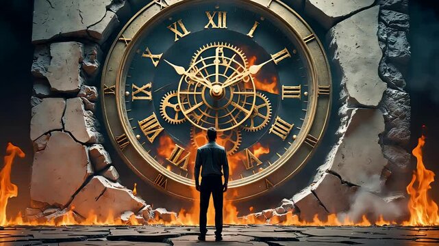 Man Staring Fiery Clock Face Surreal Stone Wall Fantasy