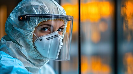 Woman in protective gear by window