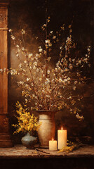 Oil painting depicting a still life of flowering branches in a vase, smaller yellow flowers in another vase, and two lit candles on a wooden surface, creating a serene and peaceful atmosphere
