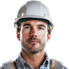 Fototapeta premium portrait of caucasian construction engineer with hard hat, age 40, isolated on transparent background. Design element for poster, publicity. Experienced, highly educated Indian civil or industrial eng