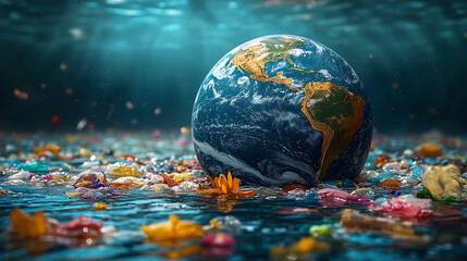 Earth submerged in water with floating plastic waste highlighting pollution crisis.
