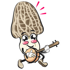 Cute Morchella mushroom vektor illustration mascot character playing the banjo musical instrumen, work of hand drawn