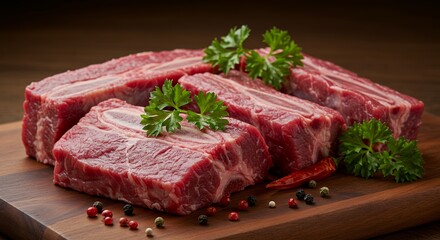 Raw Beef Ribs on Wooden Board