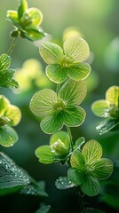 Close-up of vibrant green flowers  Delicate petals  Morning light