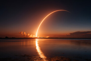 Rocket launch at sunset, fiery trail arcing across the sky, reflected in calm water, showcasing exploration, ambition, and technological advancement