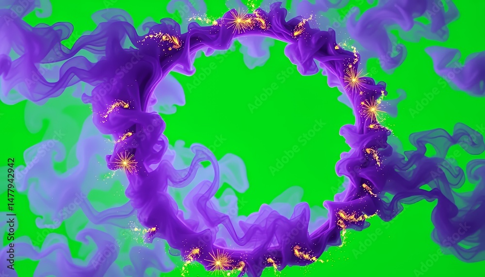 Fototapete mesmerizing purple smoke ring with golden dust animation isolated on green screen background ideal f