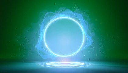 Obraz premium Neon Blue Circle Portal Emitting Light Particles on Green Screen Background Ideal for Vfx Movie Game Element Fantasy Projects Isolated on Green Screen