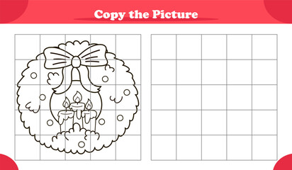 Copy the image activity game for kids with Christmas wreath in cartoon style
