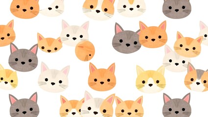 Obraz premium Playful Feline Faces A Whimsical Pattern of Cartoon Cats on White Background