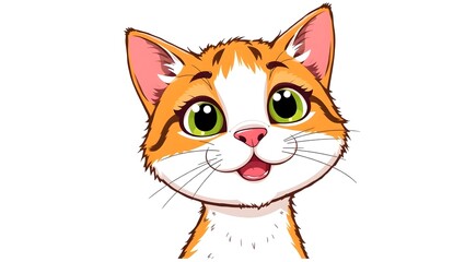 Obraz premium Smiling Cartoon Cat with Orange and White Fur Green Eyes and Pink Nose