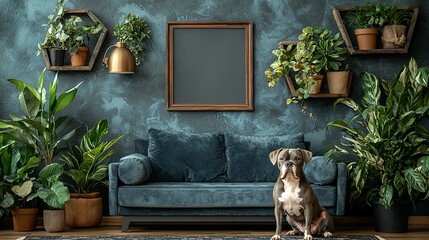 A grey dog sits on a teal couch amidst numerous potted plants and a dark teal wall