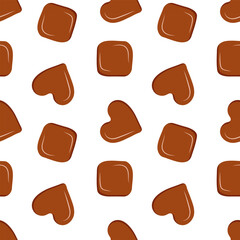 Seamless cookie pattern. Chocolate biscuits in the shape of hearts and diamonds on a white background. Vector illustration for design projects