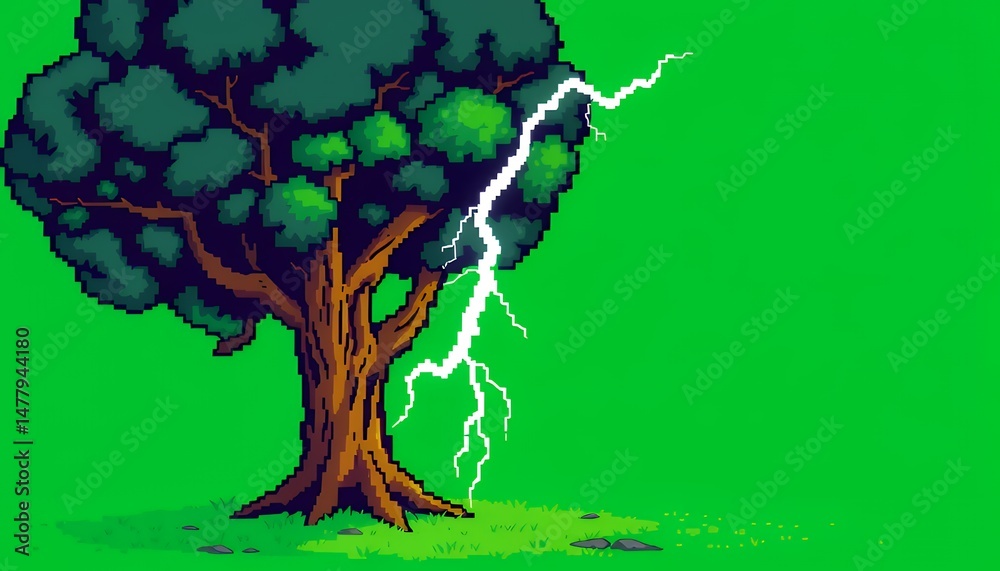 Fototapete pixelated tree struck by lightning with green screen background isometric 3d isolated for game asset