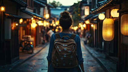 Woman exploring Japans night street.