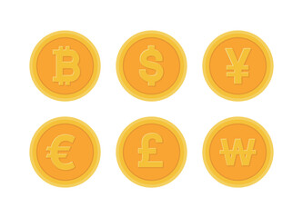 Gold coins featuring global currency symbols, including Bitcoin, Dollar, Yen, Euro, Pound, and Won. Perfect for finance, cryptocurrency, and economic concepts.