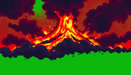 Pixelated Volcano Eruption with Lava Flowing Isolated by Green Screen Background VFX Movie Element Game Design and Fantasy Artwork With Dynamic Lighting