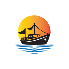boat and sunset silhouettes on white background