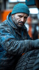 A grizzled mechanic intensely focuses on a tire, his attire showing the wear and tear of his profession.  His serious expression hints at hard work and dedication