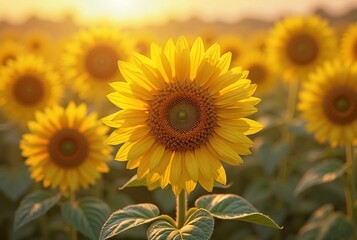 Fototapeta premium Sunflower Blooming in a Vast Field During Golden Hour, Illuminated by Warm Sunlight Against a Soft-Focused Background 