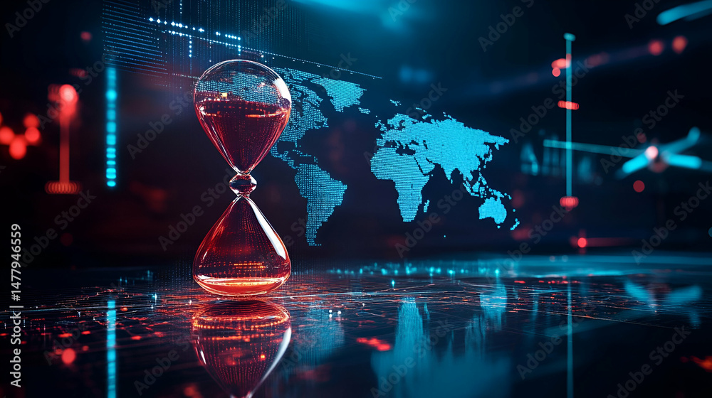 Poster hourglass and world map in digital data space
