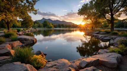 Serene lake reflects sunset behind mountains