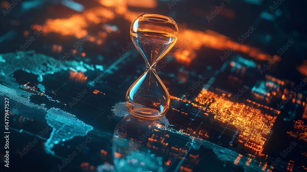 Poster hourglass on digital world map: global time and data visualization