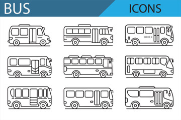 Line drawings of school buses for transportation and education projects