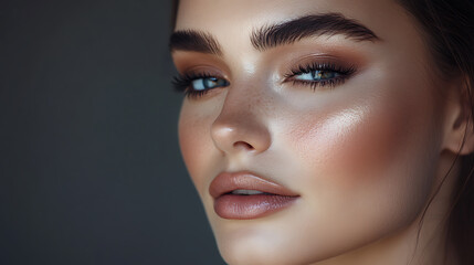 Fototapeta premium Close-up of a person with detailed makeup and highlighted skin