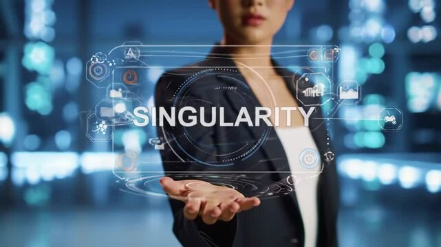 Cinematic close-up of professional presenting glowing "SINGULARITY" holographic interface in futuristic digital environment