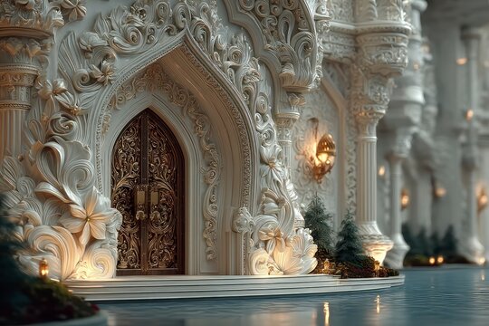 Ornate Gothic Doorway with Intricate Carvings and Festive Decorations Ideal for Fantasy Archi - Powered by Adobe