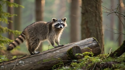 Fototapeta premium A curious raccoon perched on a log in a lush green forest environment