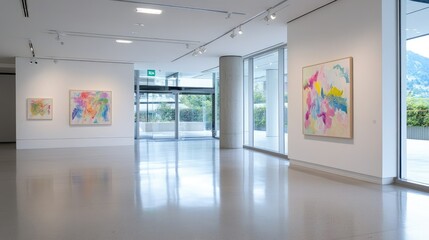 Modern art gallery interior with abstract paintings architecture and design