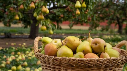 Freshly picked pears spilling out of a woven basket in a beautiful orchard