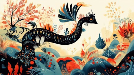 Obraz premium Fantasy dragon, vibrant flora