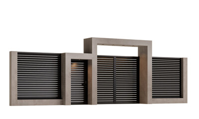 A large concrete wall with a black metal gate