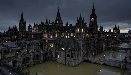 Fototapeta premium Dramatic twilight cityscape featuring an elaborate gothic architecture building with illuminated windows, reflecting in the water. Evokes fantasy, history, power.