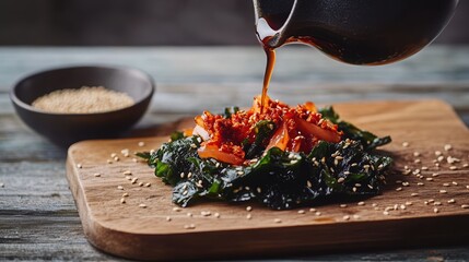 A dynamic shot capturing the motion of soy sauce being poured over a seaweed salad with kimchi. 