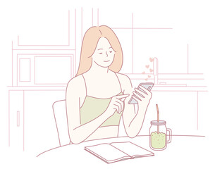 A relaxed woman enjoys scrolling through her smartphone while sipping a refreshing drink at her home, blissfully
