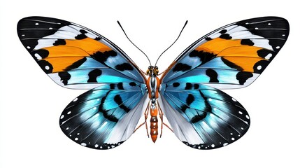 Fototapeta premium Stunning Colorful Butterfly with Vibrant Blue, Orange, and Black Patterns Displaying Intricate Wing Details Against a White Background
