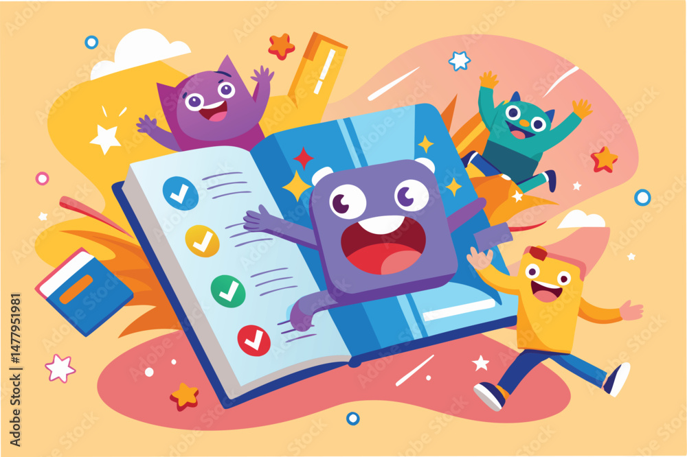 Poster colorful characters and joyful expressions in a vector illustration of an open storybook filled with