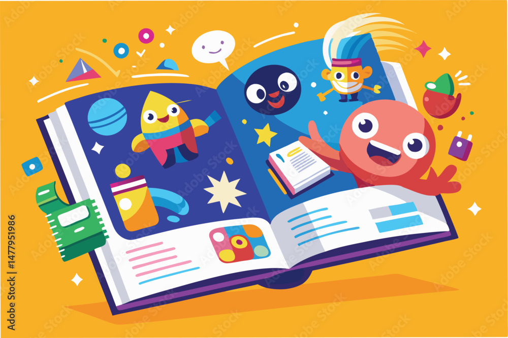 Poster colorful characters and joyful expressions in a vector illustration of an open storybook filled with