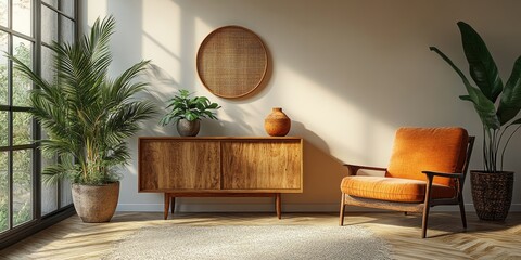 A sunlit room showcasing a mid-century modern aesthetic.