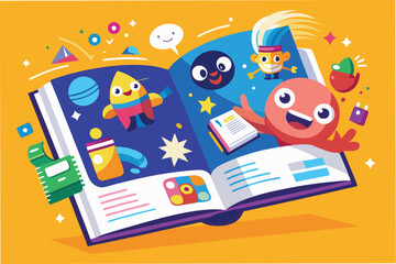 Colorful characters and joyful expressions in a vector illustration of an open storybook filled with playful designs and vibrant shapes, showcasing creativity and imagination