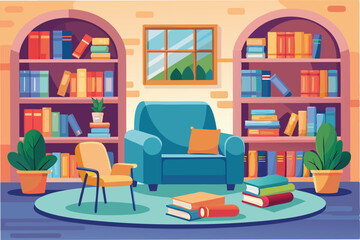 Cozy reading nook with armchairs, bookshelves, and plants in a bright room with large window